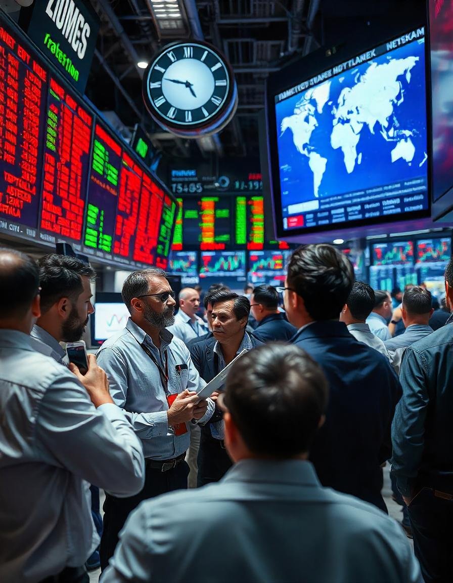 A bustling financial trading floor with professionals monitoring market trends on digital screens, displaying stock price fluctuations and global market activity.