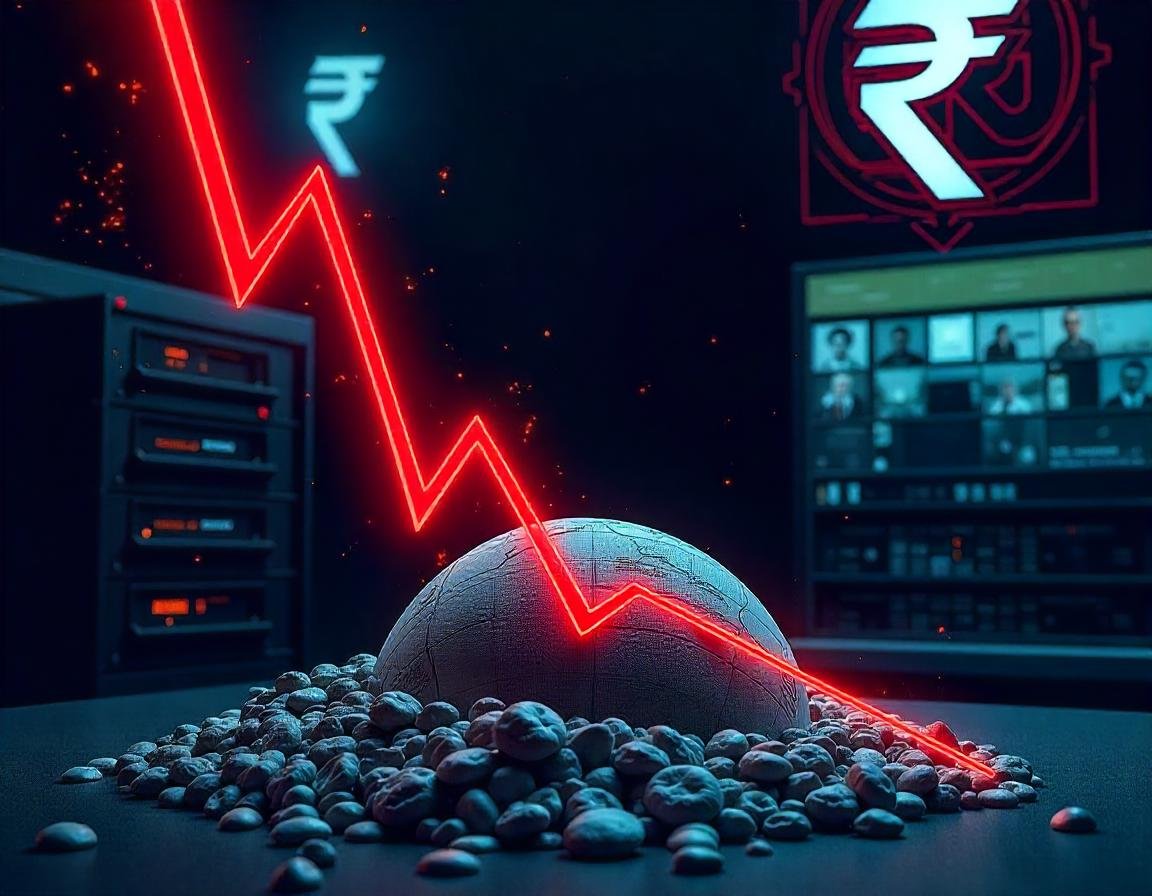 An illustrative depiction of the January 2025 market decline, featuring a downward stock market graph, global economic symbols, geopolitical tension imagery, and Indian market influences like the Rupee symbol and financial skylines, set in a moody color palette with digital elements.