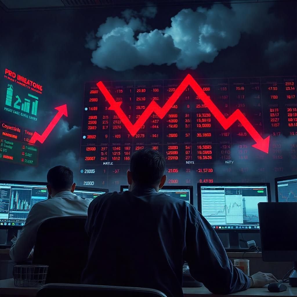 Digital stock market board with red arrows pointing down, symbolizing a market decline amidst global economic uncertainty."