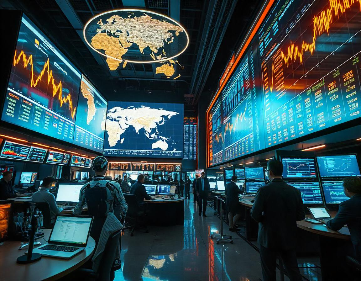 A high-tech stock exchange with digital screens displaying real-time market data, traders monitoring extended hours, and AI-driven assistants analyzing trends.