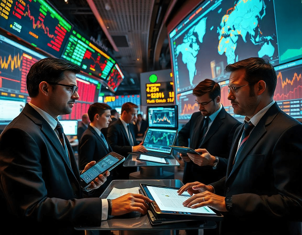 A high-tech stock market trading floor with digital screens showing fluctuating stock prices, traders reacting to market volatility, and AI-driven analytics dashboards.