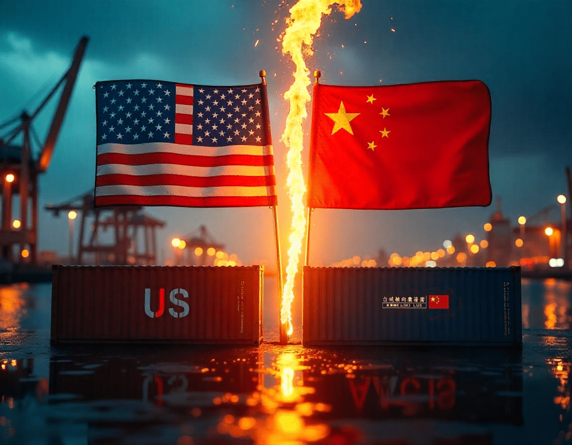 A visual representation of U.S.-China trade tensions, featuring flags, financial graphs, and tariff-labeled shipping containers.