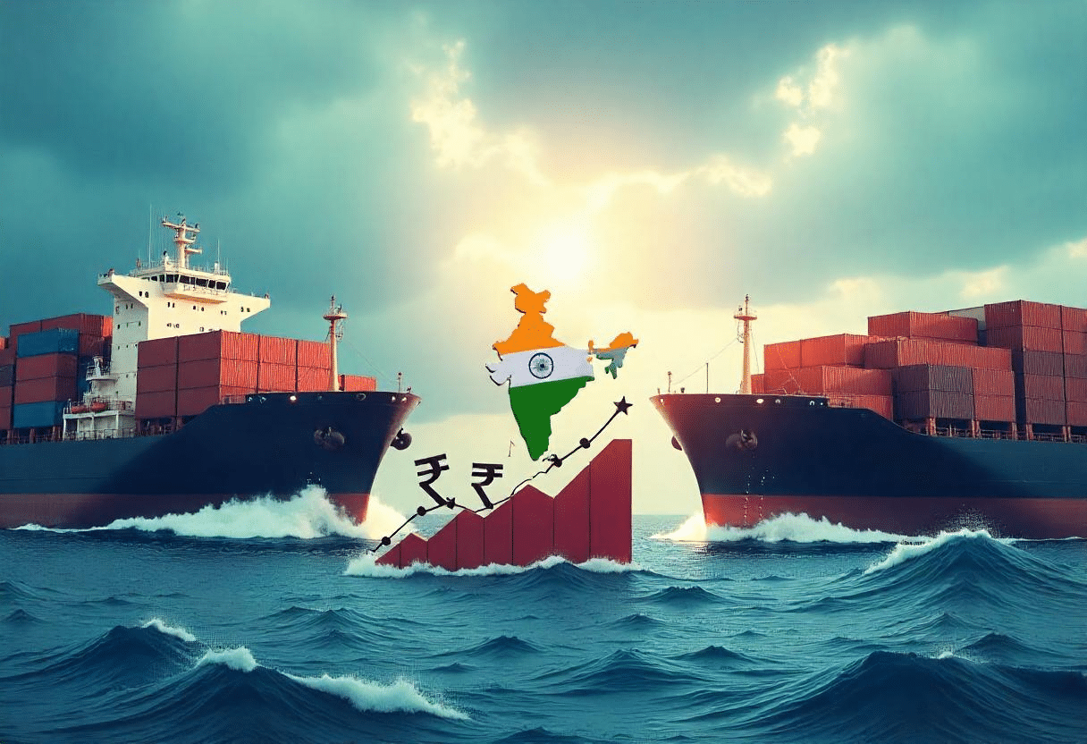 Illustration of a global tariff war between the US and China with India emerging as an economic force